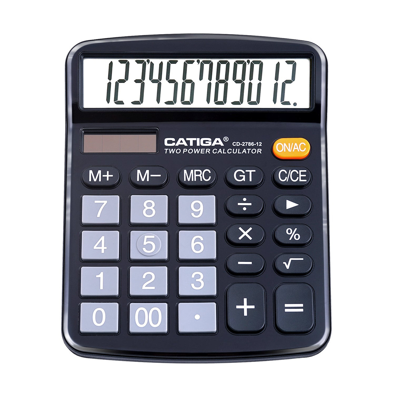 Adesso 12 Digits Basic Calculator (Black) - Catiga - With Large Lcd Display And Sensitive Button, Dual Solar Power And Battery, Standard Function For Office, Home, School - CD-2786B