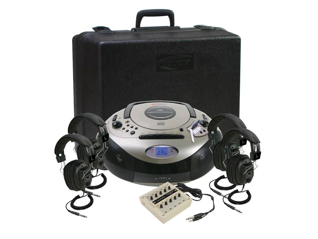 Ergoguys Califone 4 Position Spirit SD Stereo Listening Center. Listening center includes qty 1 1886 multimedia player - qty 1 jackbox - qty 4 3068AV headphones - 1 carrying case. Works with MP3 - WMA - CD players - 1886PLC