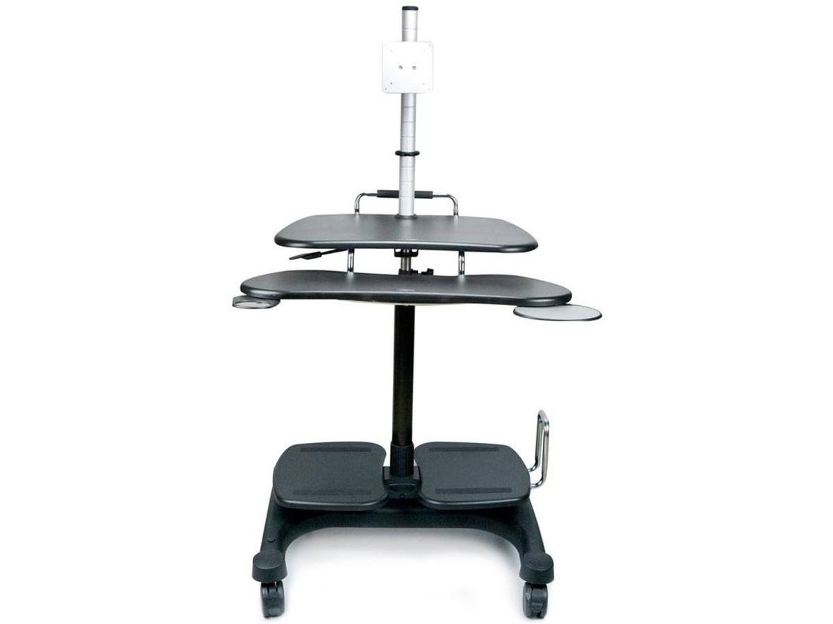 Ergoguys Aidata Sit/Stand Mobile PC Cart with Monitor Mount. Cart is height adjustable when sitting or standing. Shelves made to add keyboard/mouse - or mobile devices. Included VESA mount fits monitors up to 27in - has cable manager - LDC003P