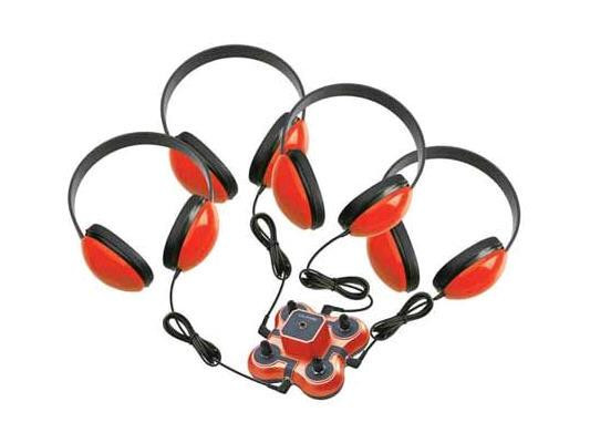 Ergoguys Califone Kids Listening Center Red. Listening center includes qty 4 2800-RD headphones & jackbox. Best used for stereo-based PC activities. Has 3.5mm stereo plug with 6 foot detachable patch cord. Works with most media players. - 1114RD-4