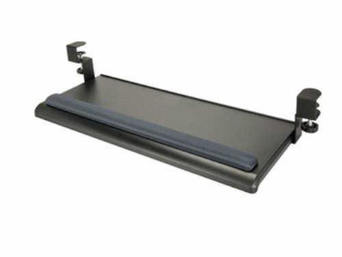 Ergoguys Aidata Extra-Wide Desk Clamp Keyboard Tray with Gel Wrist Rest Black. Tray installs on desk or table surface - includes sturdy metal clamps to secure tray in place of surface. Included wrist rest is removable - KB-1021