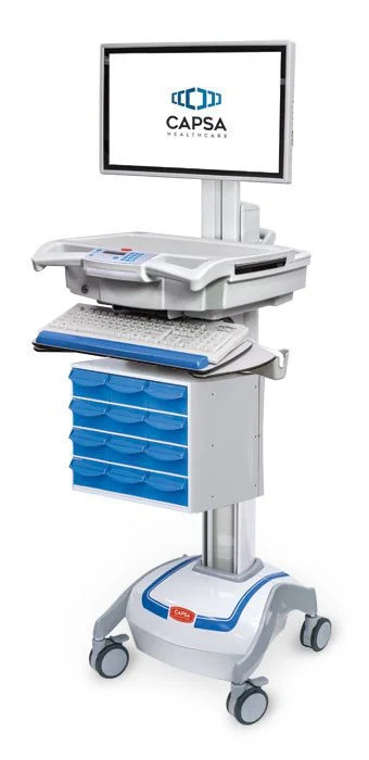 Capsa T7 Powered PC Cart - Auto-Lift, North America 110V Power System and Input Cable, Lithium Battery, No Power Track, Heavy Duty Gantry with Monitor Arm, PC Work Surface, Articulating Keyboard, Push Handle - T79NNL-4P200