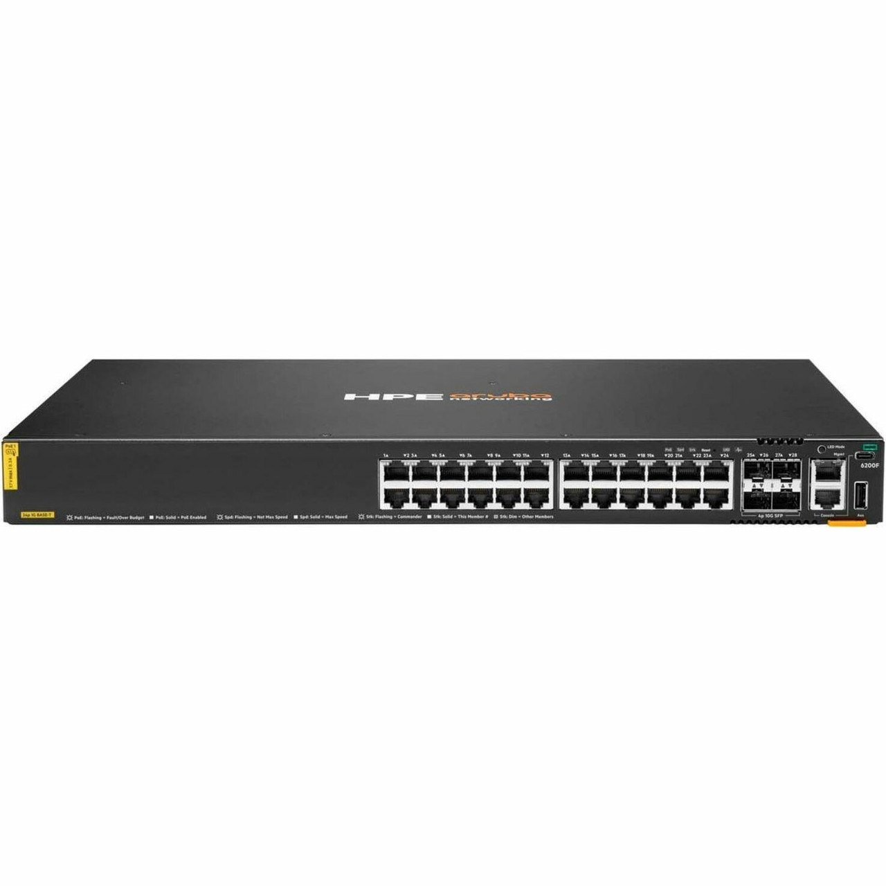 HPE CX 6200F 24G Class-4 PoE 4SFP+ 370W Switch - 24 Ports - Manageable - Gigabit Ethernet, 10 Gigabit Ethernet - 10/100/1000Base-T, 10GBase-X - Modular - 65 W Power Consumption - JL725B#ARE