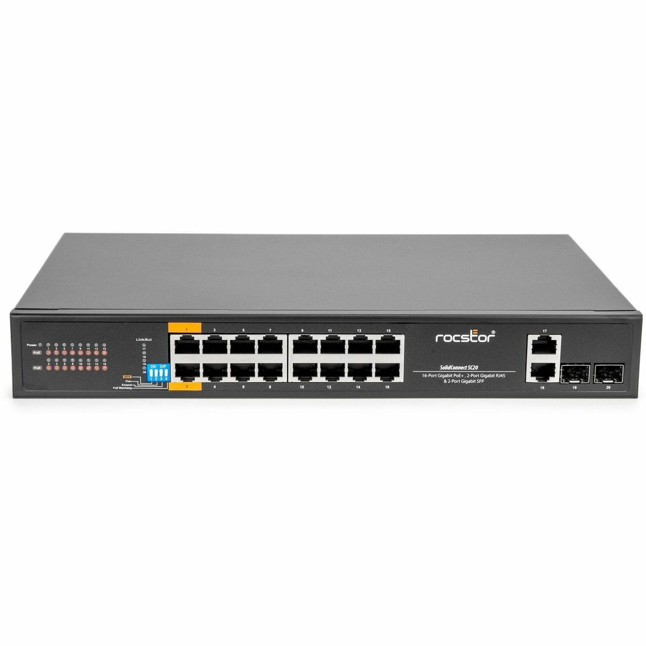 Rocstor SolidConnect SC20 20-Port Switch, 16-Port PoE+ Gigabit Unmanaged Ethernet Port, 2x Gigabit RJ45 & 2Ã SFP Uplink - 802.3af/at - Y10S007-B1