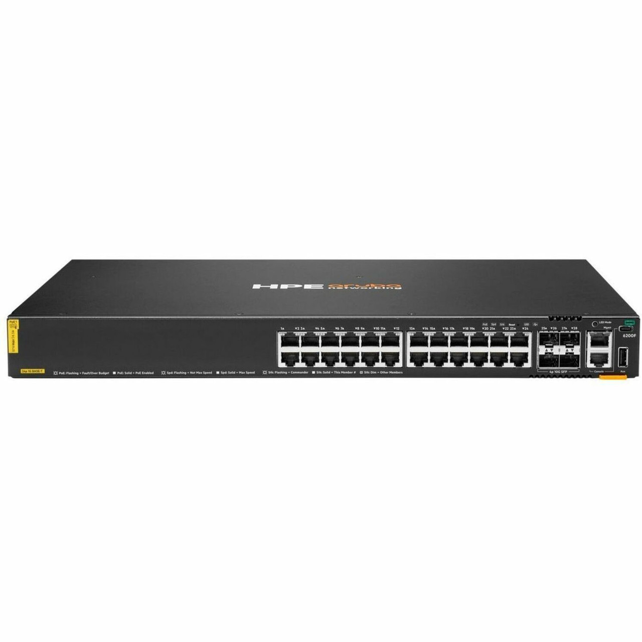 HPE CX 6200F 24G Class 4 PoE 4SFP+ 370W Switch - 24 Ports - Manageable - Gigabit Ethernet, 10 Gigabit Ethernet - 10/100/1000Base-T, 10GBase-X - 3 Layer Supported - Modular - 4 SFP Slots - 65 W Power Consumption - JL725B#AC4
