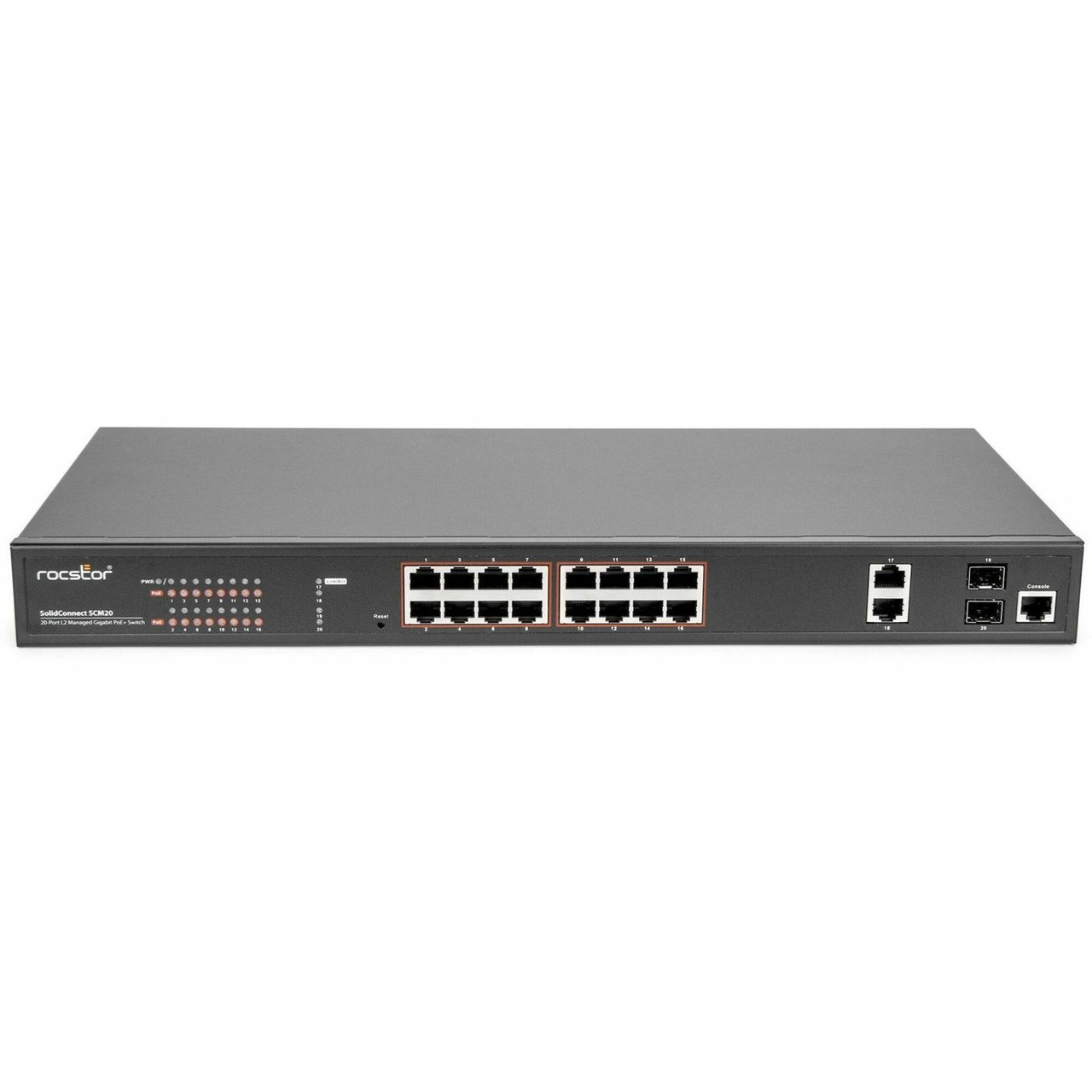 Rocstor SolidConnect SCM20 16-Port PoE+ Gigabit Managed Switch with 2 Gigabit RJ45 & 2 SFP Ports (Y10S010-B1) - 18 Ports - Manageable - Gigabit Ethernet - 10/100/1000Base-T, 1000Base-X - TAA Compliant - Y10S010-B1