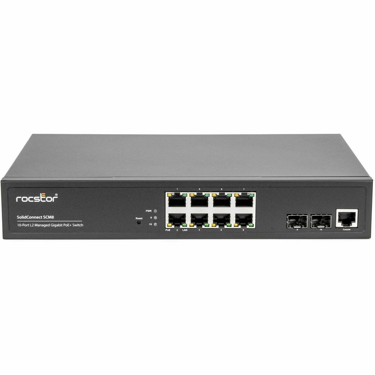 Rocstor Solid Connect SCM8 8-Port PoE+ Gigabit Managed Switch with 2 SFP Ports (Y10S009-B1) - 8 Ports - Manageable - Gigabit Ethernet - 10/100/1000Base-T, 1000Base-X - TAA Compliant - Y10S009-B1