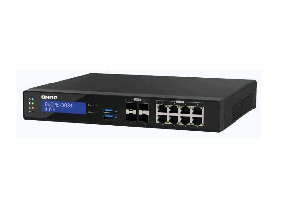 QNAP Desktop 12 Port QUCPE-3034-C3758R-16G-US - Intel Atom C3758R 8C 2.4GHz Processor, 16GB DDR4 RAM - 2 x 288pin DDR4-2400 slots Max 128GB, 2 x M.2 2280 NVMe slots, 4X10GbE SFP+, 8X2.5GbE Ports, 1 USB 3.2 Gen 1 Ports, 1 USB 2.0 Port