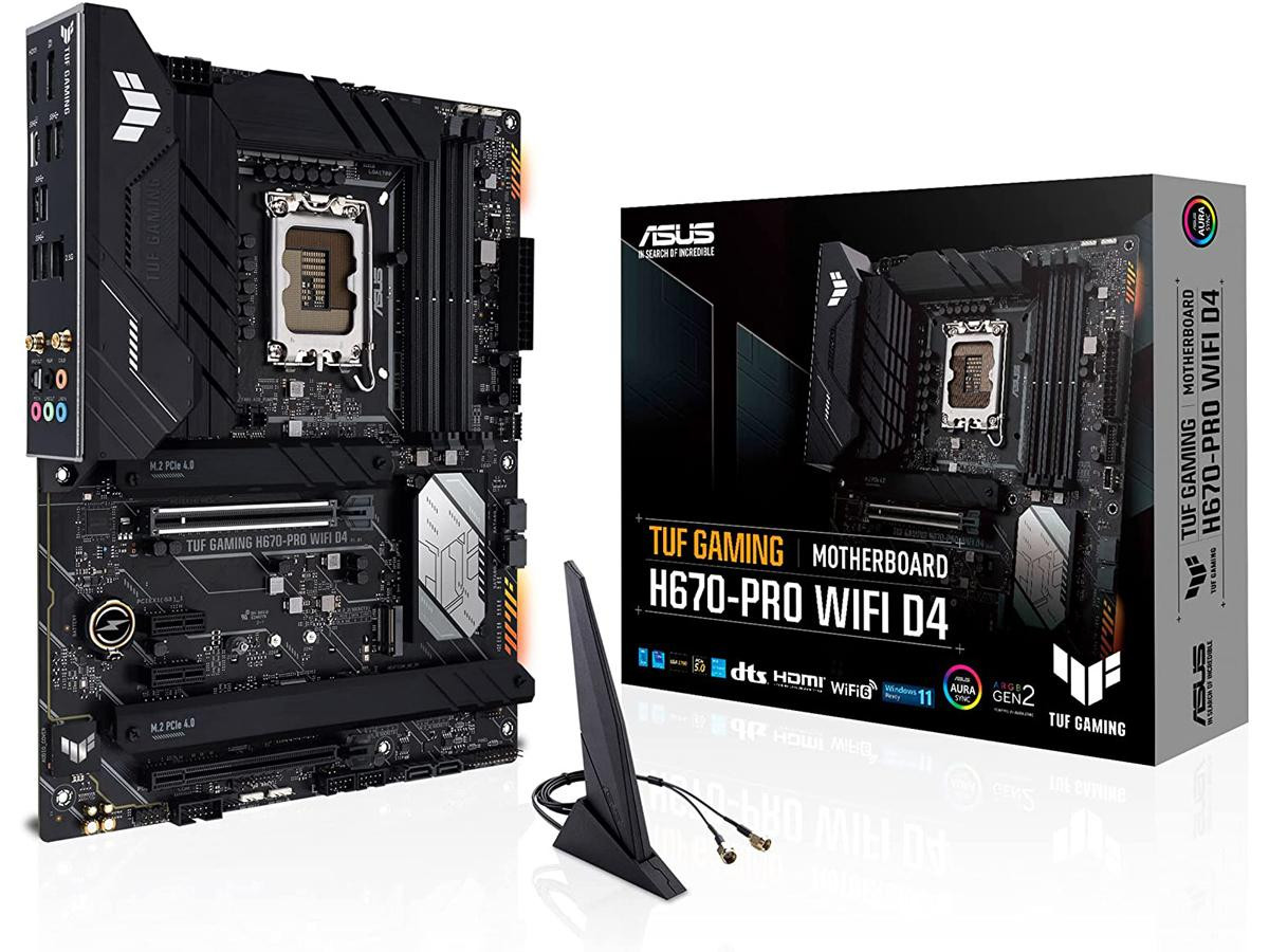 Asus TUF GAMING H670-PRO WIFI D4 Intel® H670 (LGA 1700) ATX motherboard with PCIe 5.0 slot, four PCIe 4.0 M.2 slots, 14+1 DrMOS, Intel® 2.5Gb Ethernet, DisplayPort, HDMI, front USB 3.2 Gen 1 Type-C®, Aura Sync - TUF GAMING H670-PRO WIFI D4