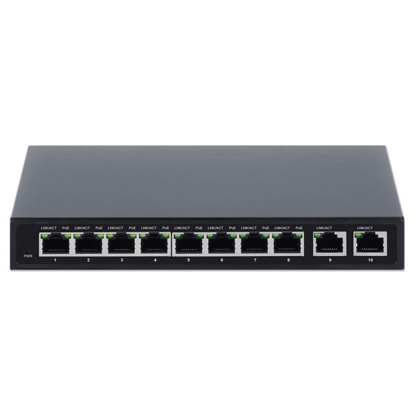 Intellinet 10-Port PoE+ Switch with 8 Gigabit Ethernet Ports and 2 RJ45 Gigabit Uplink Ports - 562027