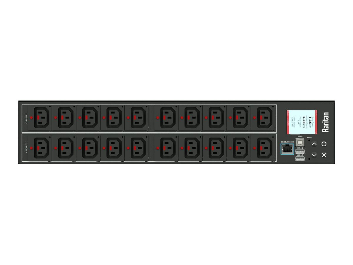 Raritan 1Ph 208V Ac 30A 24A Rated 20 Outlets: 20X C13 Locking Plug: Nema L6-30P Rear Feed 5.0Kva Outlet Metered Switched 2U Horizontal Pdu High Resolution Color Display Ethernet Serial 2X Usb-A Usb-B And Sensor Connections - PX3-5460R-E2-K2