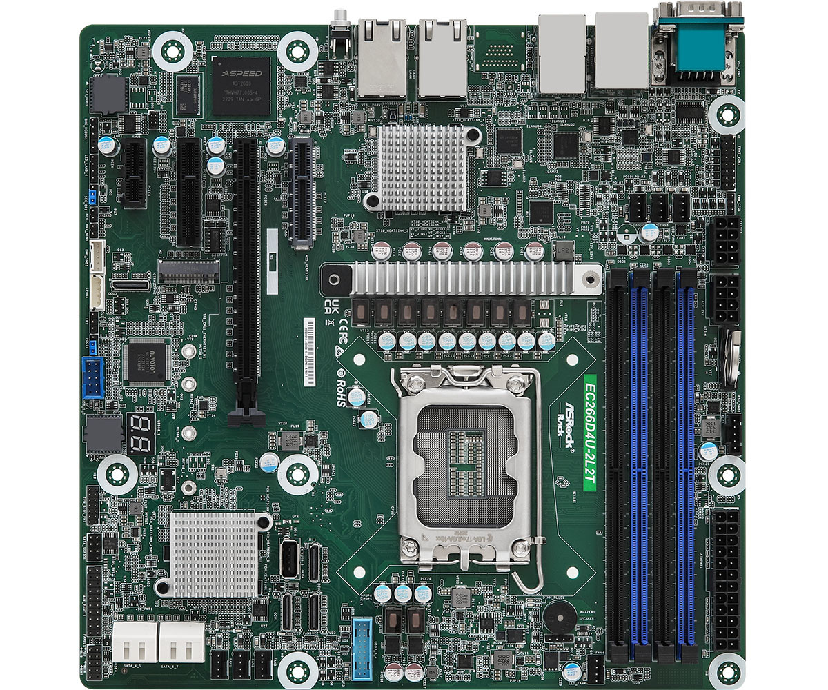 AsRock Rack EC266D4U-2L2T 4 DIMM slots (2DPC), supports DDR5 ECC UDIMM - Supports Intel Xeon E-2400 series and Intel Pentium Gold G7400/G7400T processors - EC266D4U-2L2T