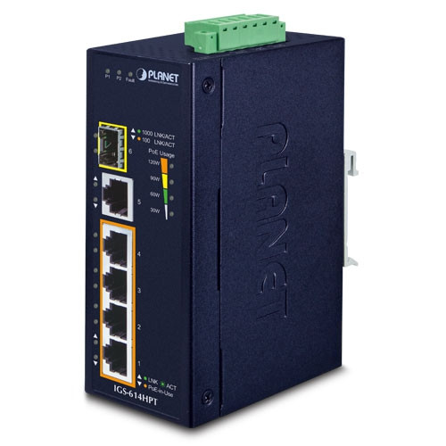 Amer IGS-614HPT Industrial 4-Port 10/100/1000T 802.3at PoE + 1-Port 10/100/1000T + 1-Port 100/1000X SFP Gigabit Ethernet Switch - IGS-614HPT