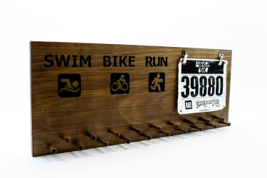 Run-Bike-Swim Triathlon race medal and race bib display sign