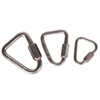 Picture of steel delta links in sizes commonly used in tree climbing systems for attaching ascender or webbing straps without twist