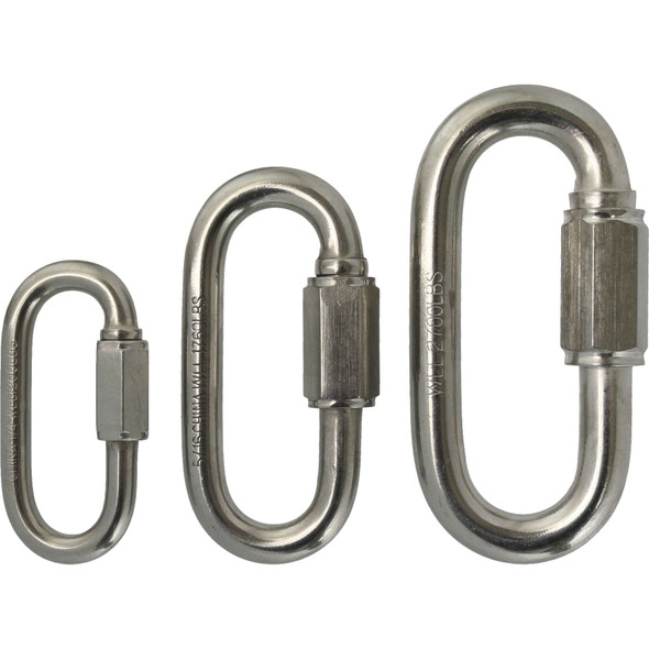 Stainless steel quick links showing different sizes commonly used in tree climbing