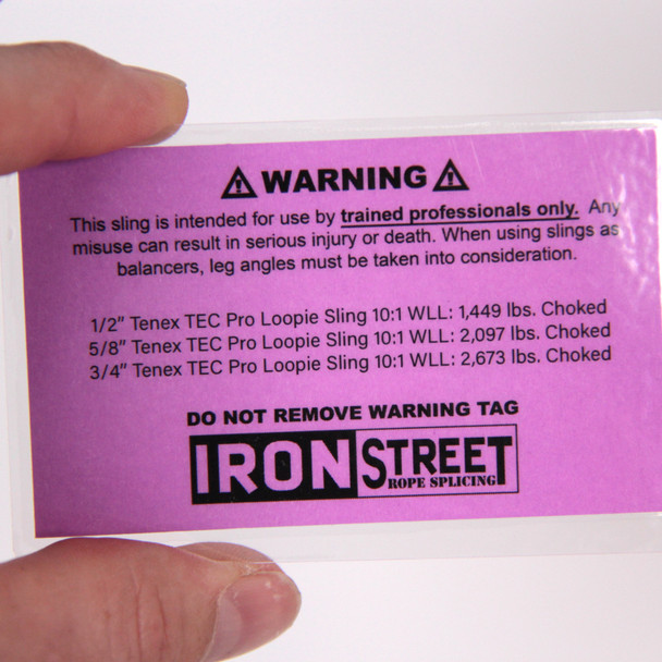 1/2" loopie sling from Samson Tenex Tec Pro showing ratings tag