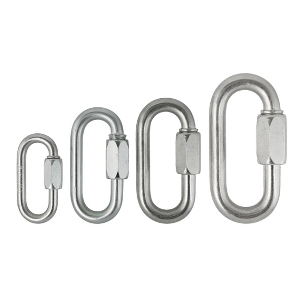Picture of maillon rapide quick links in common sizes used in climbing systems