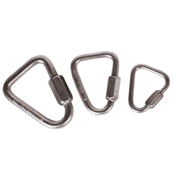 Picture of steel delta links in sizes commonly used in tree climbing systems for attaching ascender or webbing straps without twist
