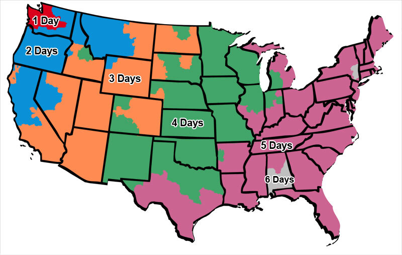 US map showing shipping times from WesSpur Tree Equipment to all areas of USA