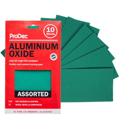 ProDec Green Aluminium Oxide Assorted 10 pk sheets, 230mm x 140mm ProDec Green Aluminium Oxide Assorted 10 pk sheets, 230mm x 140mm