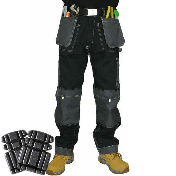 Men's Multi Pocket Work Trousers & FREE KNEE PADS Black / Grey
