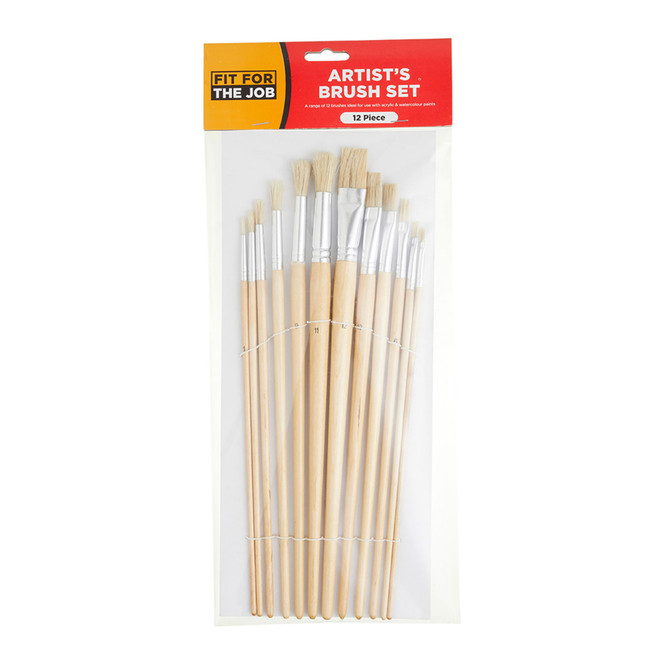 Fit For The Job 12pc Artist's Paint Brush Set - Plain Handles FFJABS01