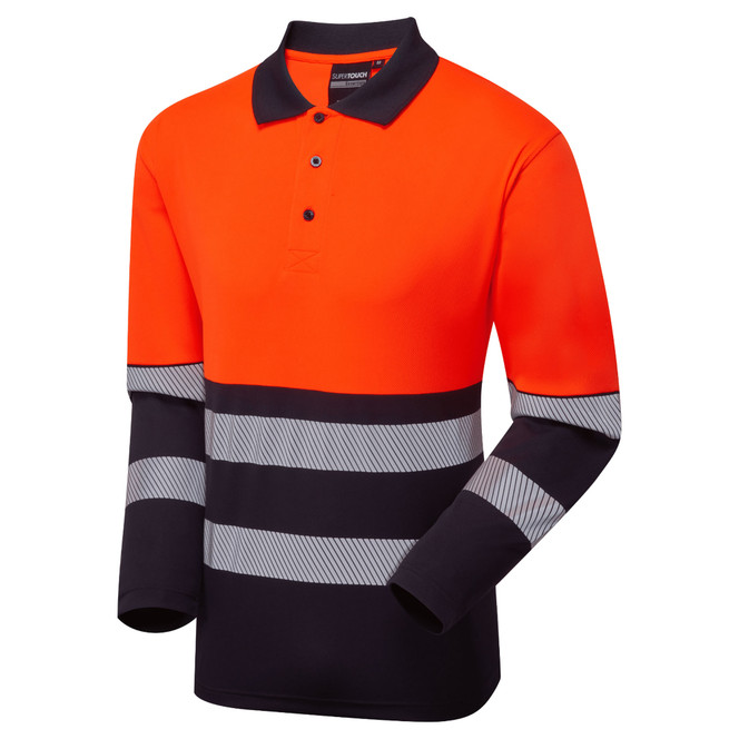 Supertouch Essentials Hi-Vis Eco Orange/Navy CoolAir Long Sleeve Polo ESS600 ONS-6XL