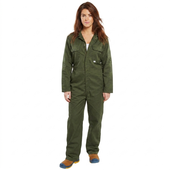 Womens Stud Front Polycotton Boilersuit Olive Green