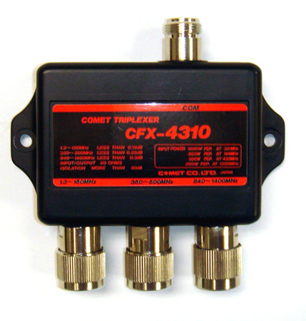 Comet CFX-4310C -Triplexer, 1.3-150 MHz Low Pass, 350-500 MHz Mid Pass, 840-1400 MHz High Pass, 40 dB Isolation