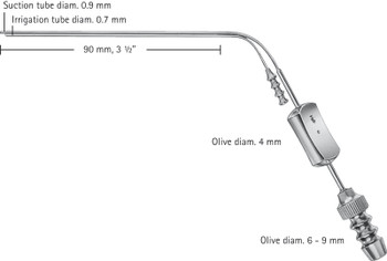 Product Aesculap House Suction Cannula, 0.90mm Suction Tip, 0.70mm Irrigation Tip, 160mm (6.25in), Angled, WL: 90mm | GF911R Image