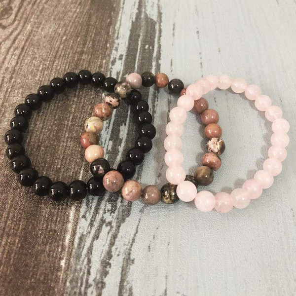 3 Bracelets Confiance en lAmour en Quartz Rose, Rhodonite et Onyx Noir zaxx