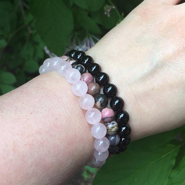 3 Bracelets Confiance en lAmour en Quartz Rose, Rhodonite et Onyx Noir zaxx