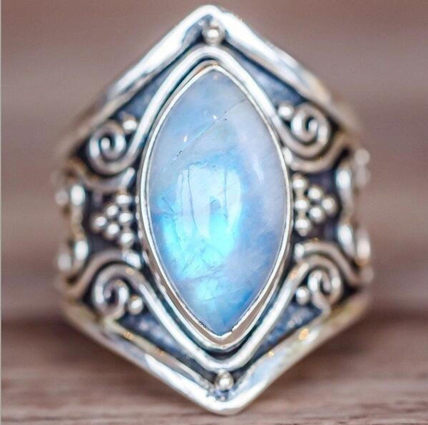 BAGUE PIERRE DE LUNE VINTAGE ARGENTEE zaxx