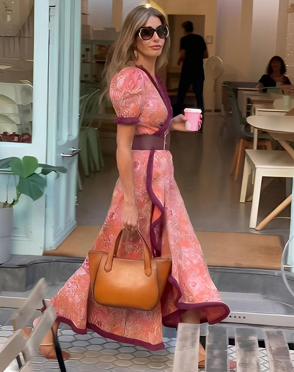 Robe Longue Rose Elégante à Manches Courtes Robe Longue Rose Elégante à Manches Courtes zaxx