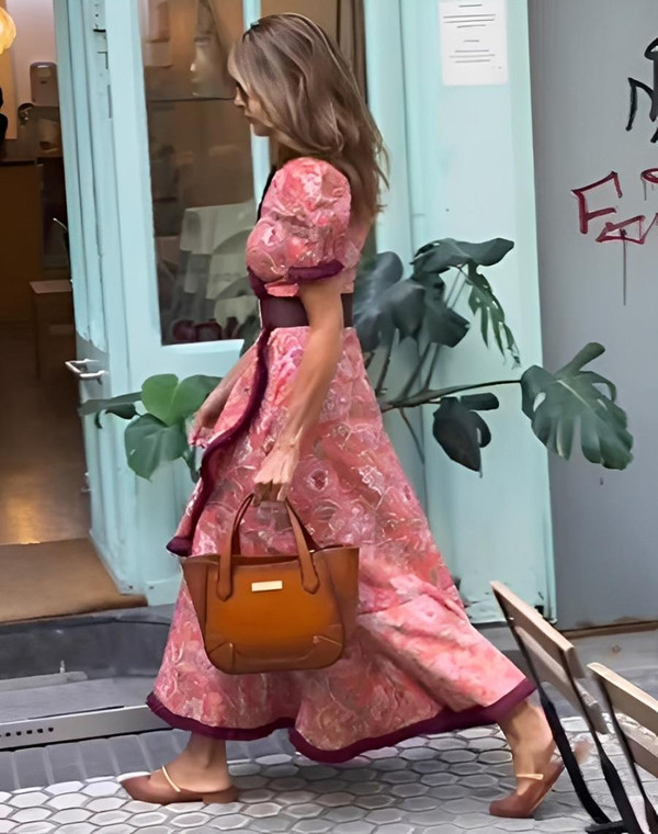 Robe Longue Rose Elégante à Manches Courtes zaxx