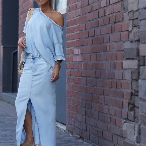 Top Asymétrique avec Jupe Longue Fendue en Denim Denvalta™ Top Asymétrique avec Jupe Longue Fendue en Denim Denvalta™ zaxx