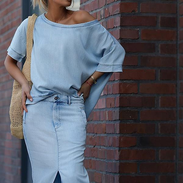 Top Asymétrique avec Jupe Longue Fendue en Denim Denvalta™ Top Asymétrique avec Jupe Longue Fendue en Denim Denvalta™ zaxx