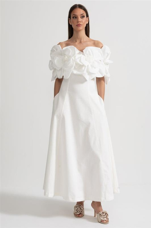 Robe Midi à Épaules Dénudées avec Grands Motifs Floraux en Tissu Floravya™ zaxx