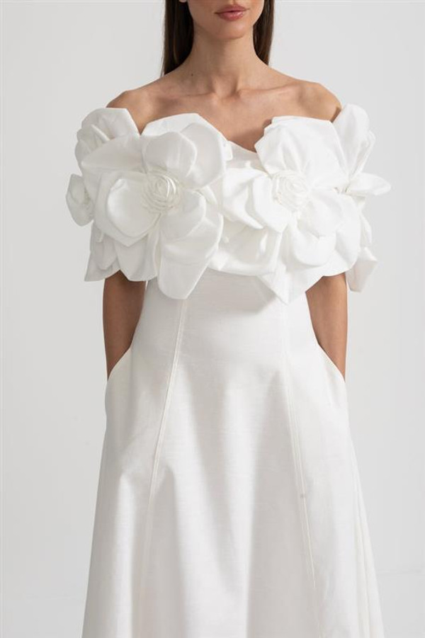 Robe Midi à Épaules Dénudées avec Grands Motifs Floraux en Tissu Floravya™ zaxx