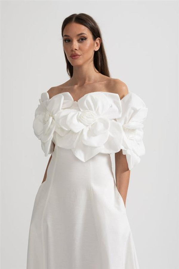 Robe Midi à Épaules Dénudées avec Grands Motifs Floraux en Tissu Floravya™ zaxx