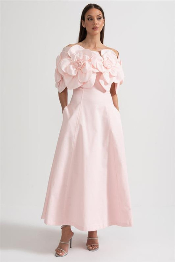 Robe Midi à Épaules Dénudées avec Grands Motifs Floraux en Tissu Floravya™ zaxx