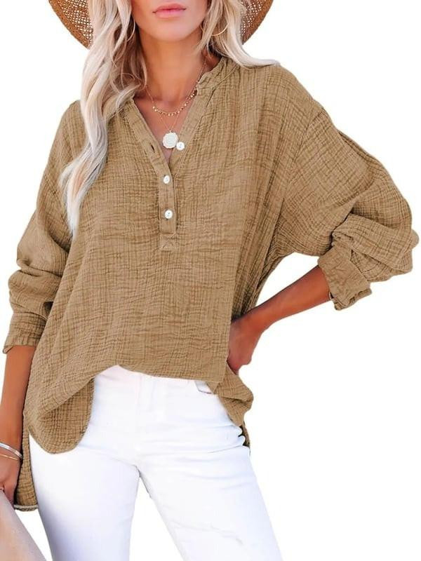 Chemise Femme Décontractée à Col en V Boutonné Velnora™ – Manches Longues, Coupe Ample Unie Chemise Femme Décontractée à Col en V Boutonné Velnora™ – Manches Longues, Coupe Ample Unie zaxx