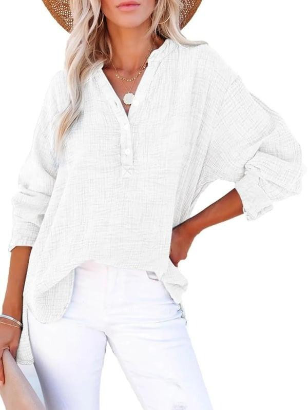 Chemise Femme Décontractée à Col en V Boutonné Velnora™ – Manches Longues, Coupe Ample Unie Chemise Femme Décontractée à Col en V Boutonné Velnora™ – Manches Longues, Coupe Ample Unie zaxx