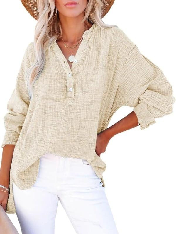 Chemise Femme Décontractée à Col en V Boutonné Velnora™ – Manches Longues, Coupe Ample Unie Chemise Femme Décontractée à Col en V Boutonné Velnora™ – Manches Longues, Coupe Ample Unie zaxx