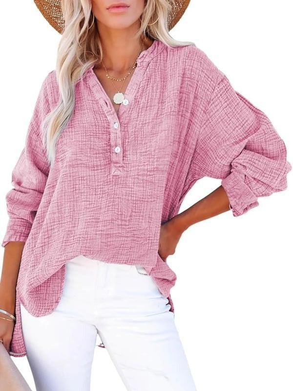 Chemise Femme Décontractée à Col en V Boutonné Velnora™ – Manches Longues, Coupe Ample Unie Chemise Femme Décontractée à Col en V Boutonné Velnora™ – Manches Longues, Coupe Ample Unie zaxx