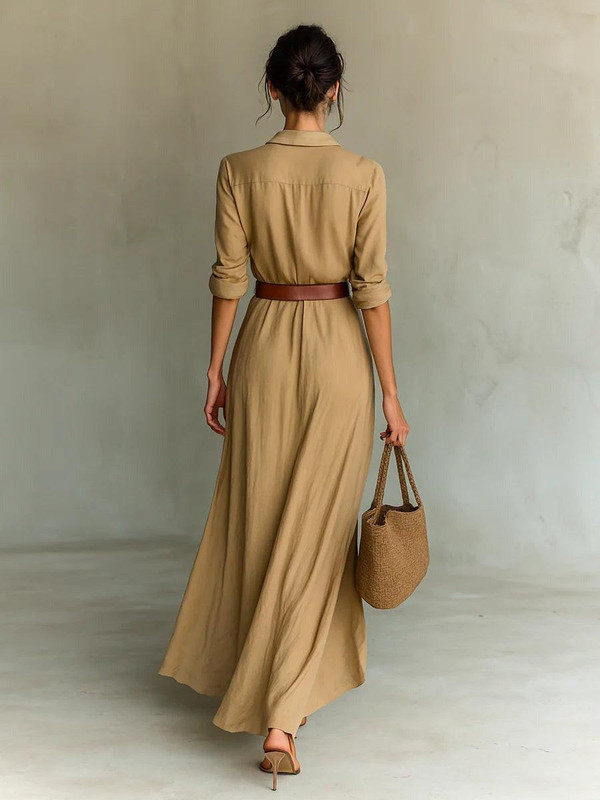 Robe Longue Ceinturée à Manches Longues et Revers Velmora™ Robe Longue Ceinturée à Manches Longues et Revers Velmora™ zaxx