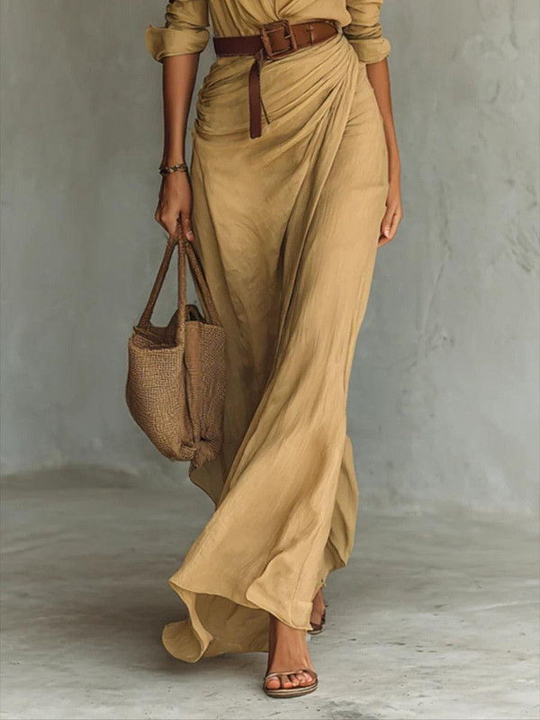 Robe Longue Ceinturée à Manches Longues et Revers Velmora™ Robe Longue Ceinturée à Manches Longues et Revers Velmora™ zaxx