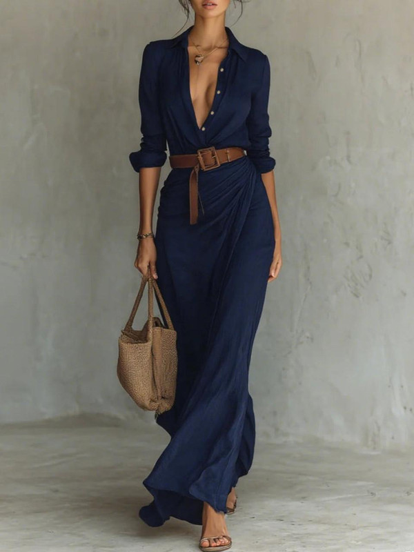 Robe Longue Ceinturée à Manches Longues et Revers Velmora™ Robe Longue Ceinturée à Manches Longues et Revers Velmora™ zaxx