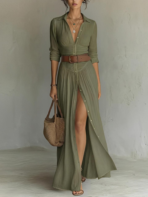 Robe Longue pour Femme en Lin avec Col à Revers Cranté et Manches Longues – Éloria™ zaxx
